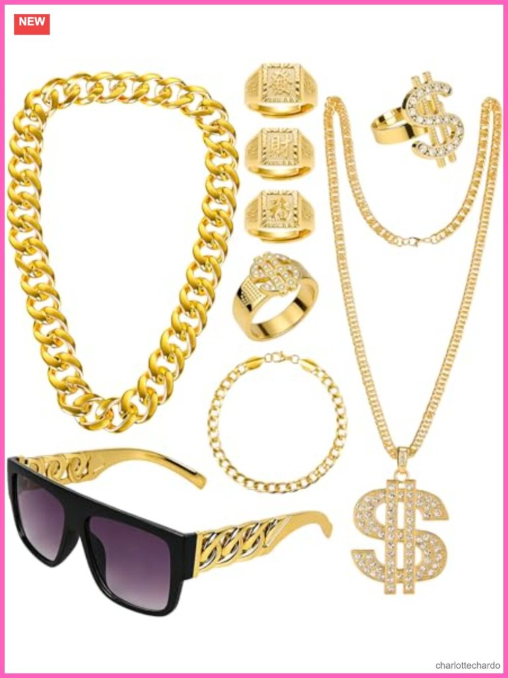 80s 90s Hip Hop Rapper Costume Accessory Set Gold Plated